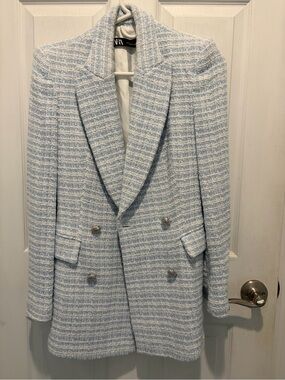 Zara Pale Blue Tweed Double-Breasted Blazer